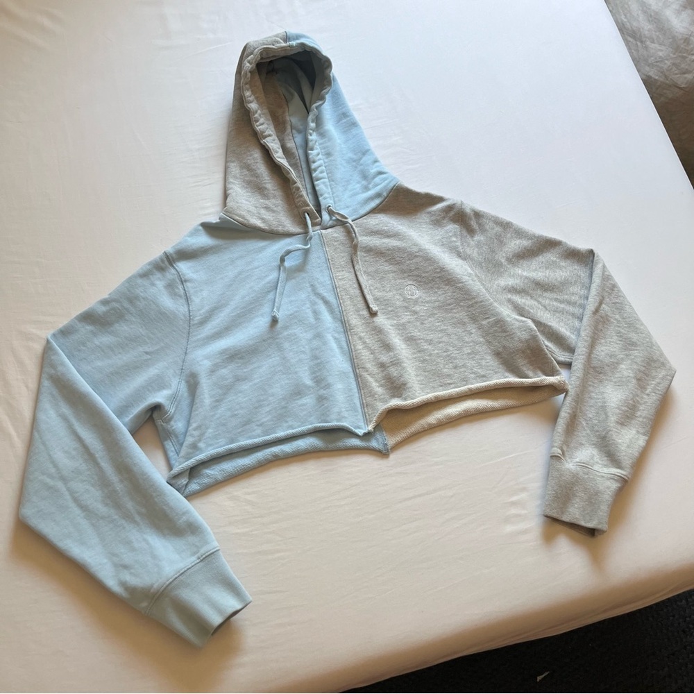 HUF light blue heather grey cropped raw fray hem colorblock boxy hoodie sweater